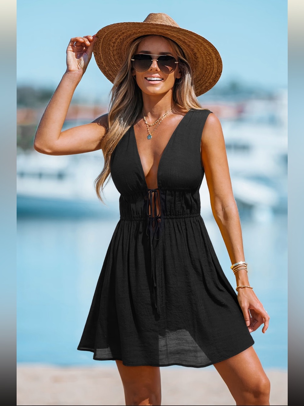 Cupshe Black Deep V-Neck Beach Coverup Dress